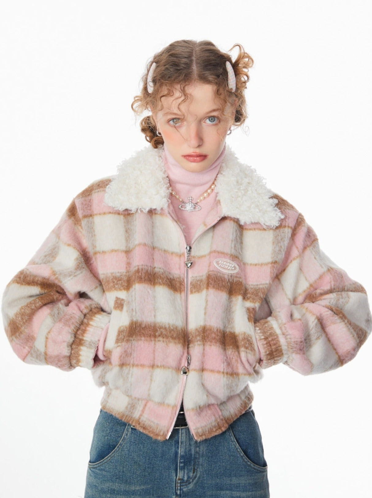 Pink Check Bore Color Short Jacket