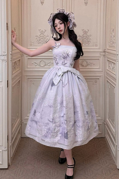 【9月8日予約締切】Black x Purple / White x Purple Lily Embroidery Stained Glass China Lolita Elegant Bow JKS Dress