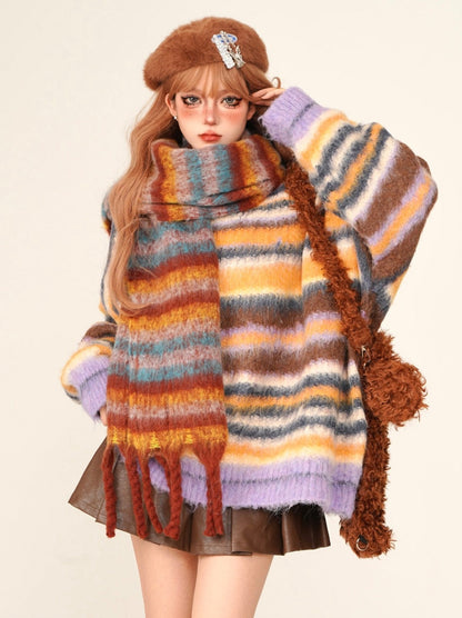 Colorful striped mohair scarf + snowball fur ribbon neck warmer tippet