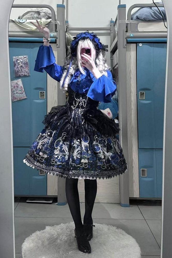 [Pre-order Deadline: June 19] Blue x Black / Blue x White Skull Rose Gothic Lolita Spiderweb Tulle JSK Dress