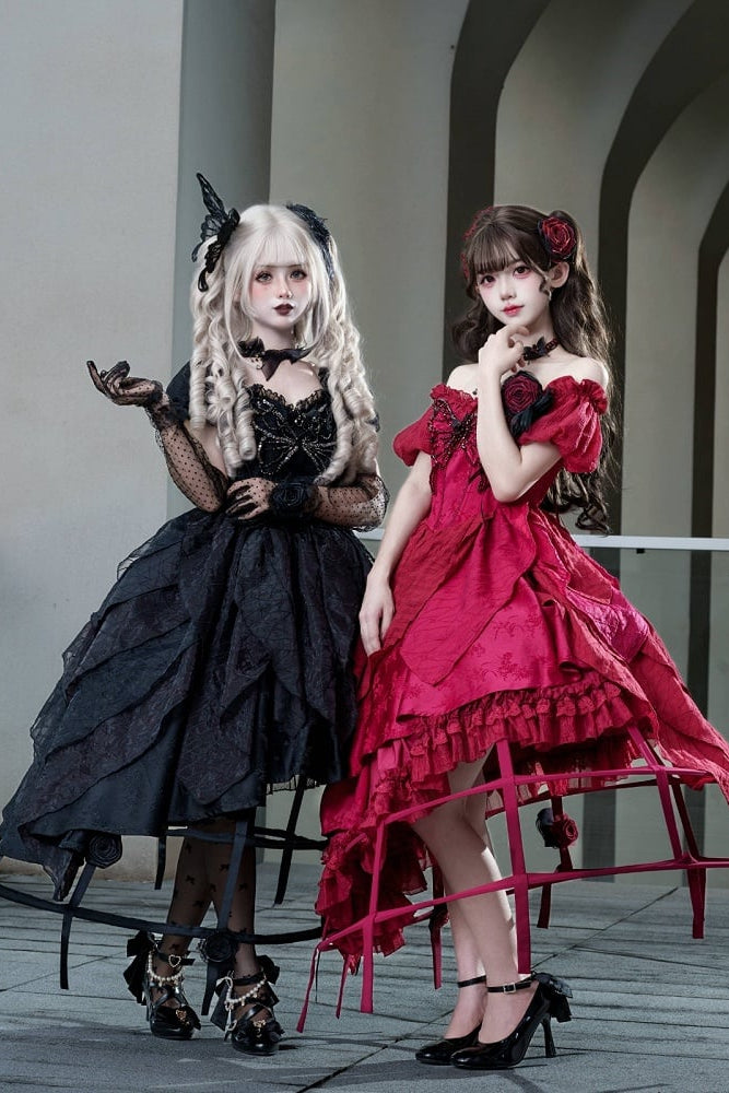 【10月28日予約締切】Black Butterfly Gothic Lolita Puff Sleeve Dress Top + Layered Ruffle Asymmetrical Hem Skirt Set (With Chest Brooch + Waist Brooch)