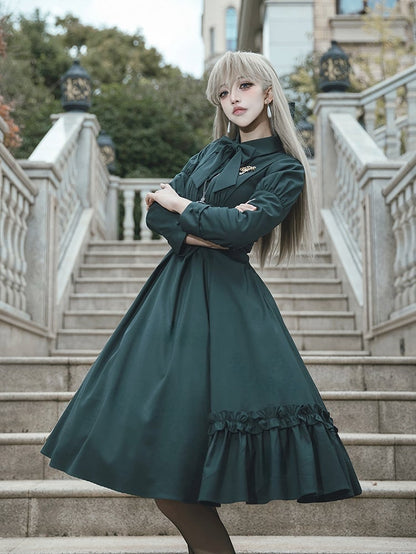 【12月9日予約締切】エレガントロングスリーブフリルリボンドレス