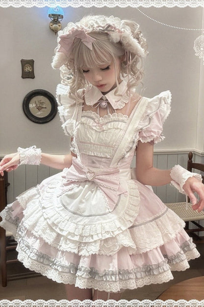 [Pre-Order] Pink Sweet Lolita Ruffle Maid Dress Set (Detachable Collar with Bells + Waist Apron with Ribbon + Back Ribbon + Leg Rings)