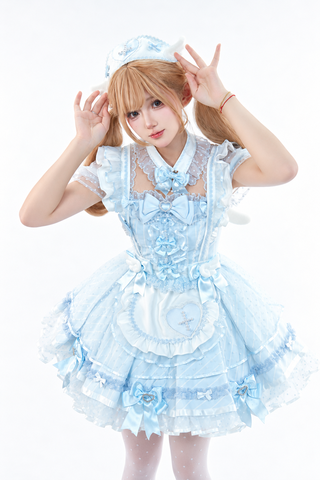 【10月15日予約締切】Pink/Blue Medical Angel Bow Frill Apron Dress Set + Nurse Hat + Nurse Hat