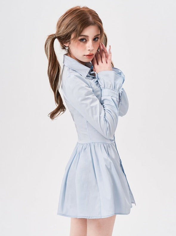 Voluminous Frilled Pleated Shirt Dress