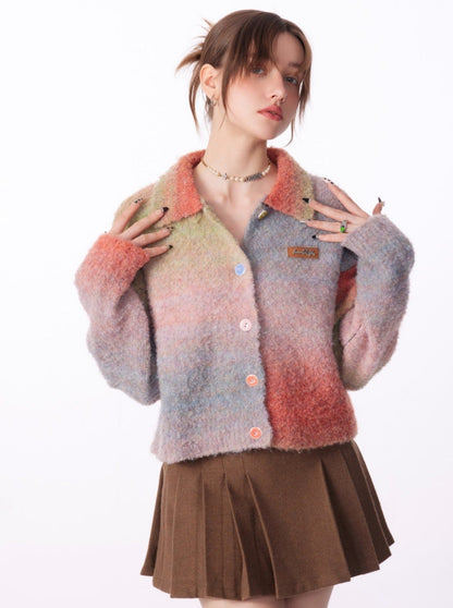 Gradient Polo Collar Soft Wax Wool Retro Cardigan