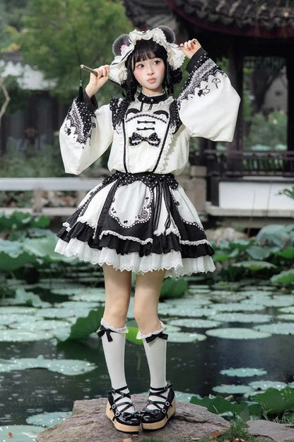 [Pre-order Deadline: October 25] Pink/White/Green Chinoiserie Lolita Sweet Panda Polka Dot Lace Apron Ruffle OP Dress
