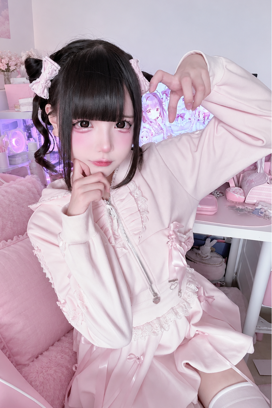 [Reservation Deadline: November 15] Pink Lace Bow Two-Way Zip Hoodie and Bubble Skirt Set with Detachable Ribbon