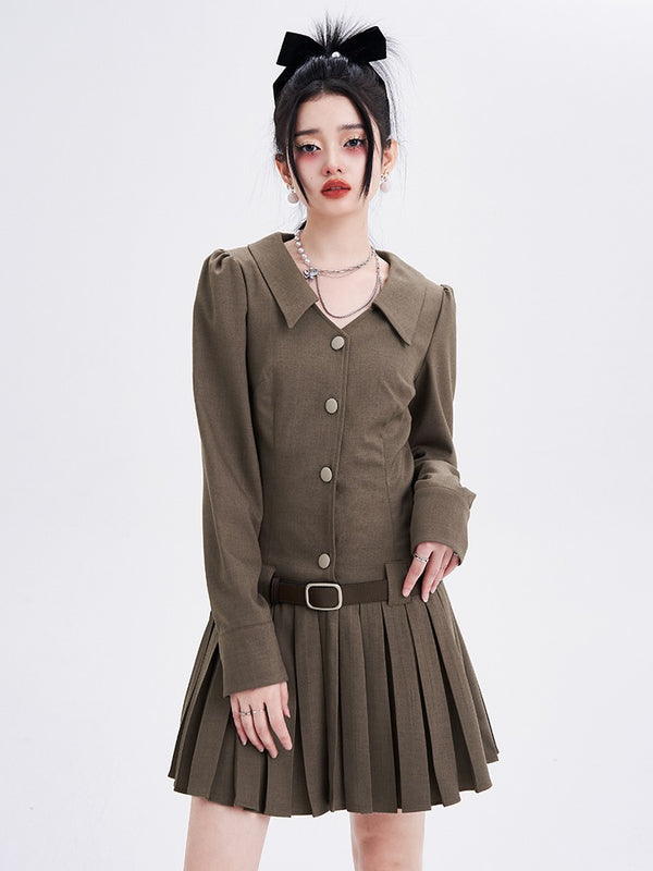 Puff sleeve belt khaki V neck preppie dress