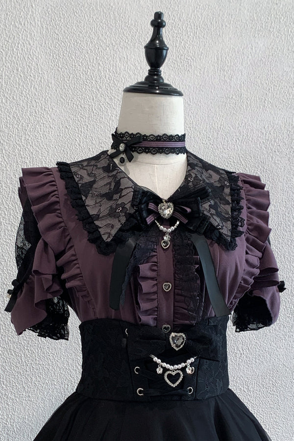[Reservierungsschluss 17. August] Schwarz-lila-weißes Spitzenkragen-Erdbeershirt + Juwelenband + Choker
