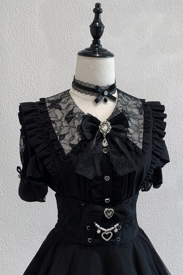 [Reservierungsschluss 17. August] Schwarz-lila-weißes Spitzenkragen-Erdbeershirt + Juwelenband + Choker