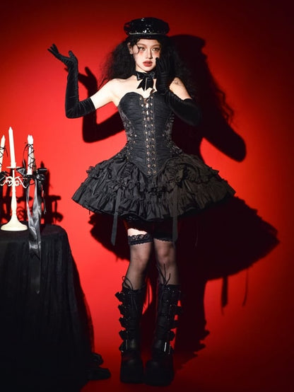 【1月29日予約締切】ゴシックレースアップコルセットビスチェトップス＋ドロストフリルスカート＋バタフライストラップ