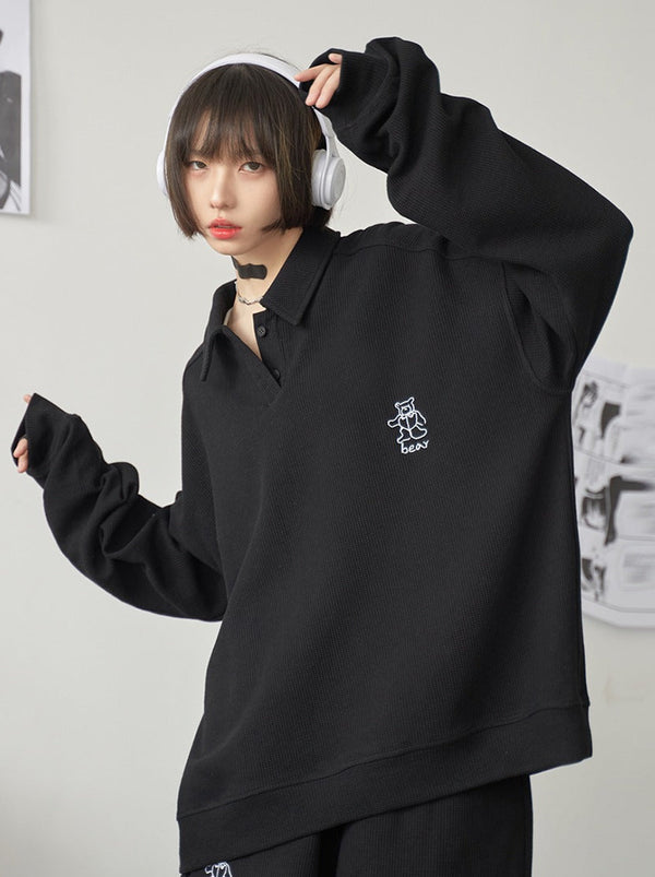 ワッフルポロカラールーズスウェットシャツ