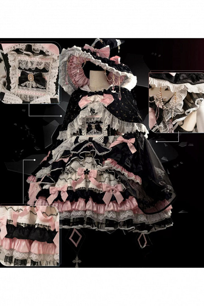 [Date limite de précommande : 14 septembre] Ensemble complet Gothic Black Pink Witch : robe JSK à croix + grande traîne à nœud + cape à capuche + manches amovibles + chapeau de sorcière + manches extérieures
