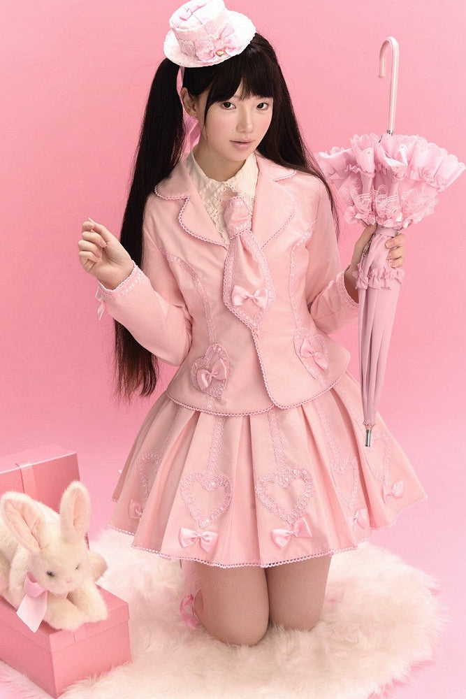 [Pre-order Deadline: June 28] Pink/Gray Vintage Lolita Heart Ribbon Tailored Jacket + Skirt + Tie