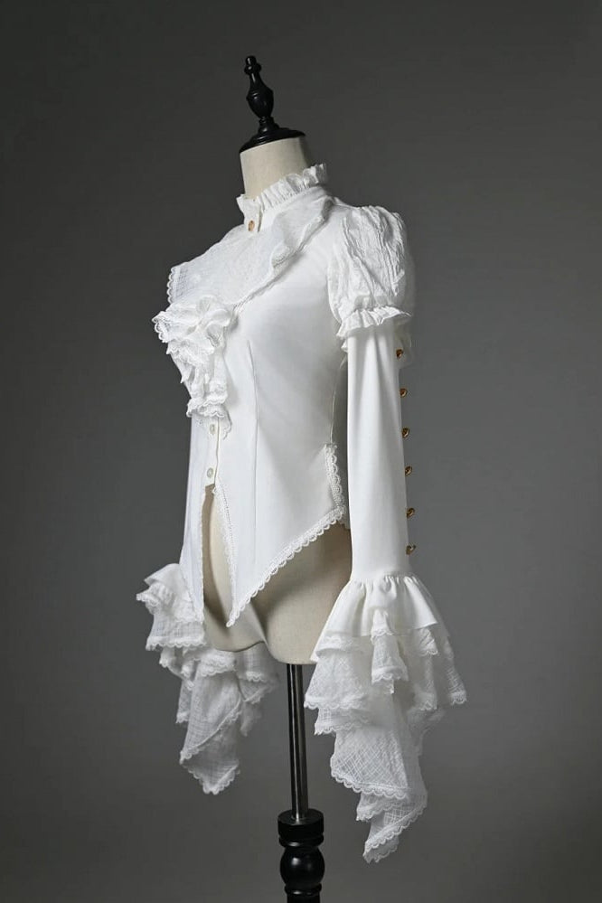 [Pre-order Deadline: July 25] Black/White Gothic Lolita Elegant Ruffle High-Neck Bell-Sleeve Lace Ruffle Shirt