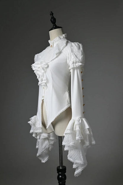 [Pre-order Deadline: July 25] Black/White Gothic Lolita Elegant Ruffle High-Neck Bell-Sleeve Lace Ruffle Shirt