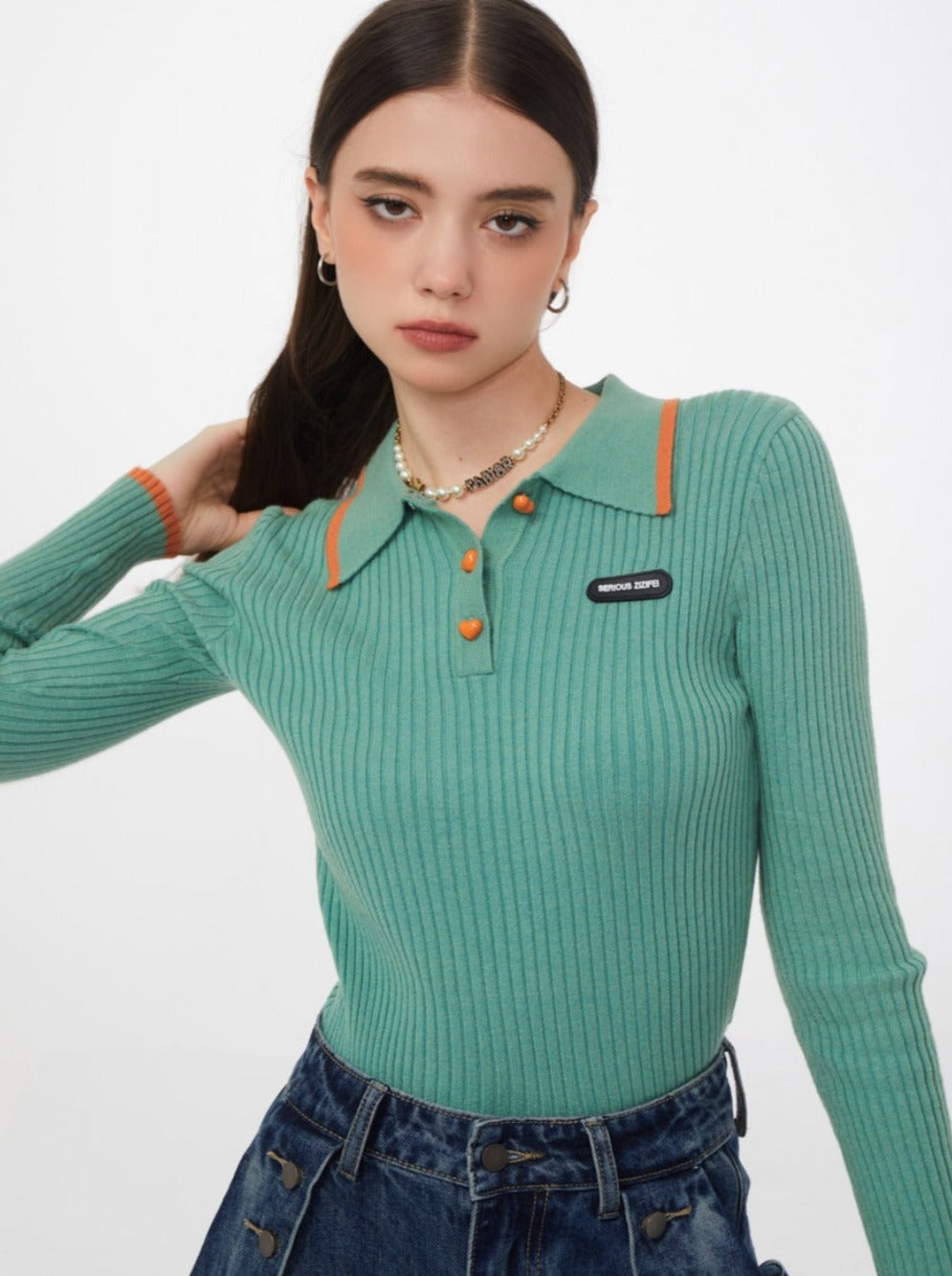 Slim American Retro Polo Collar Ribbed Top