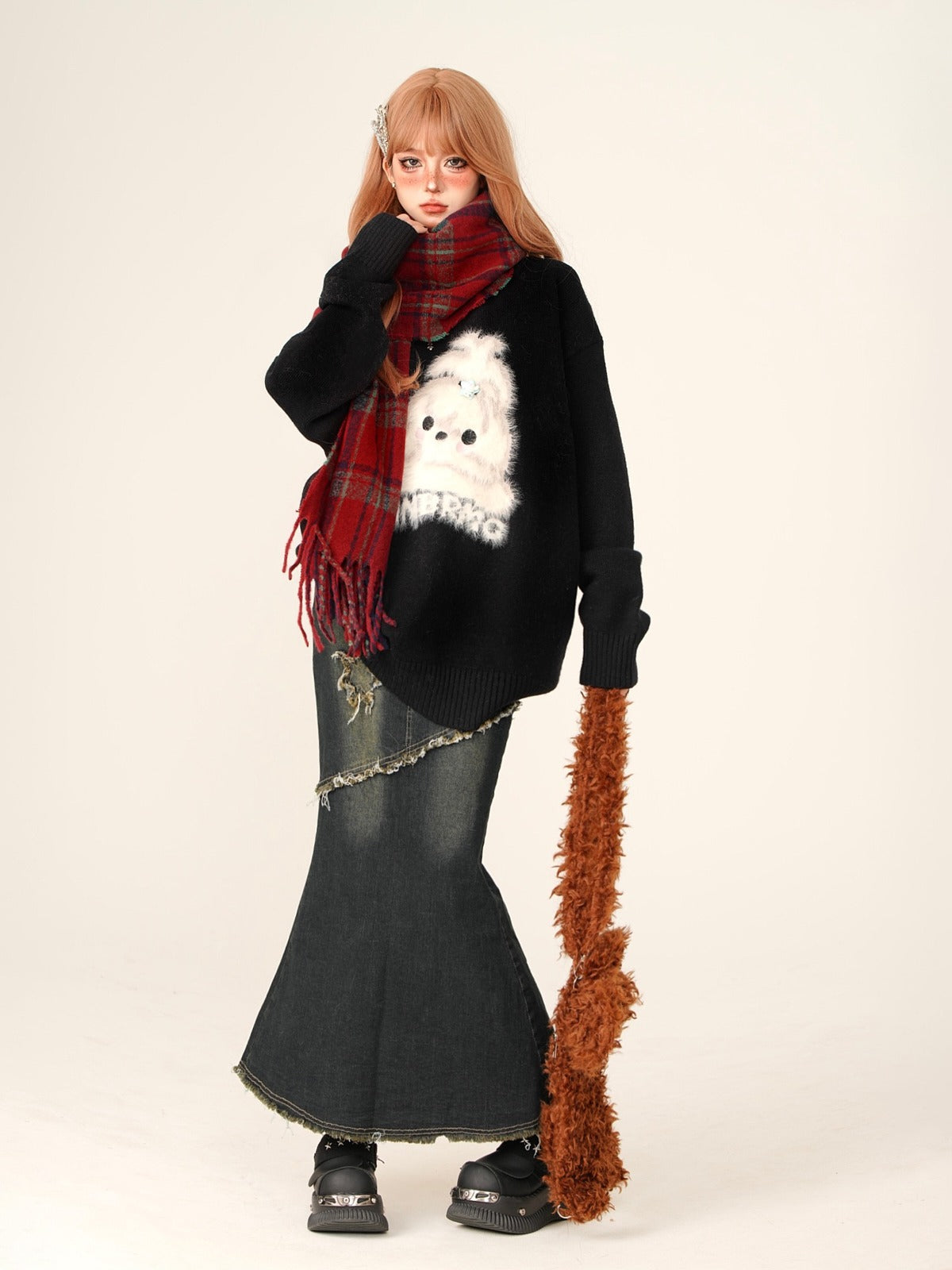 Colorful striped mohair scarf + snowball fur ribbon neck warmer tippet