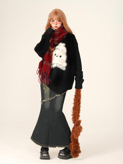 Colorful striped mohair scarf + snowball fur ribbon neck warmer tippet