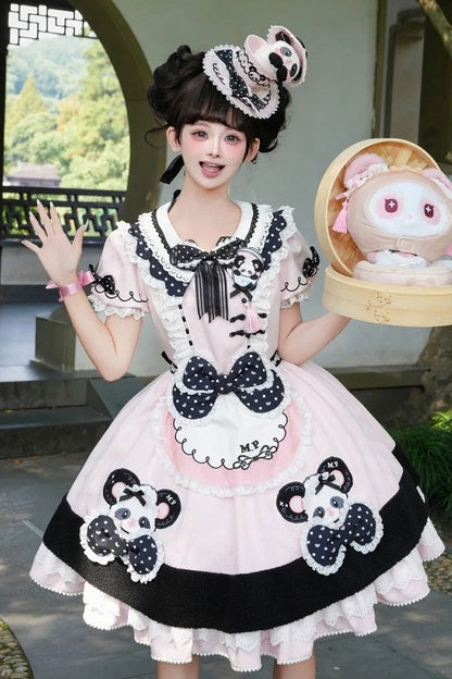 [Pre-order Deadline: October 25] Pink/Green Chinoiserie Lolita Sweet Panda Appliqué Puff Sleeve Polka Dot Bow Apron Dress
