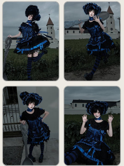 【11月4日予約締切】Blue-Black/Red-Black/Purple-Black Gothic Lolita Puff-Sleeve Lace Bow Doll Dress With Bone Embroidery Apron