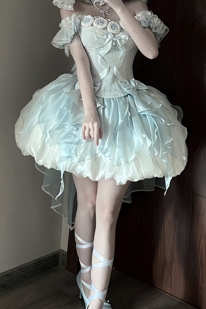 【9月6日予約締切】Romantic Rose Ballet Lolita Bow Lace Corset Bustier＋Layered Ruffle Bow Bubble Skirt + Bow Train（Set1/2）