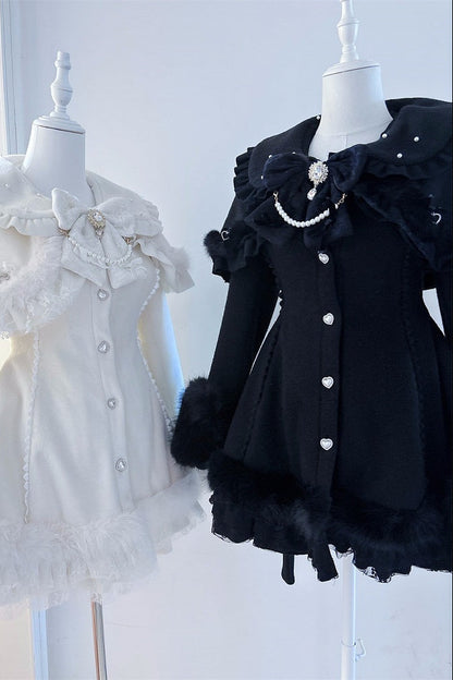 【11月13日予約締切】Black Pearl Bow-Tie Fur Coat With Detachable Cape And Fur Cuffs
