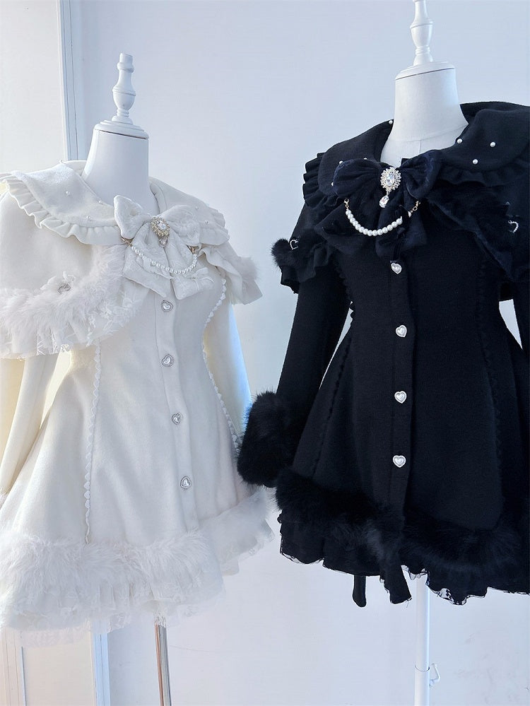 【11月13日予約締切】White Pearl Bow-Tie Fur Coat With Detachable Cape And Fur Cuffs