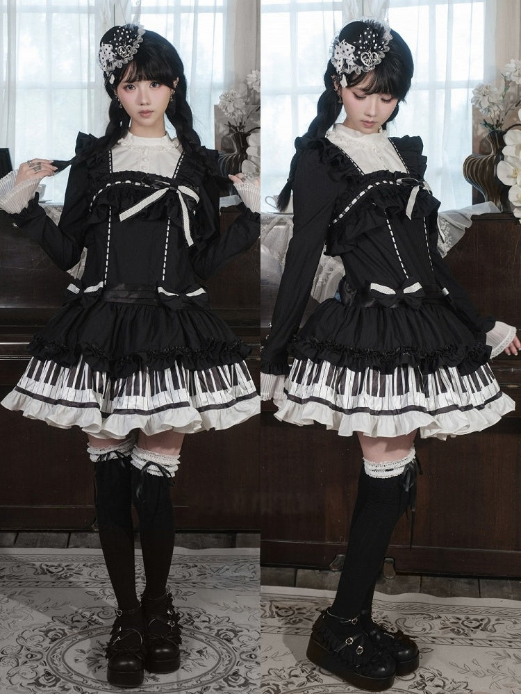 [Date limite de réservation : 22 octobre] Robe de poupée taille basse gothique Lolita à pois/noire avec touches de piano, nœud à volants