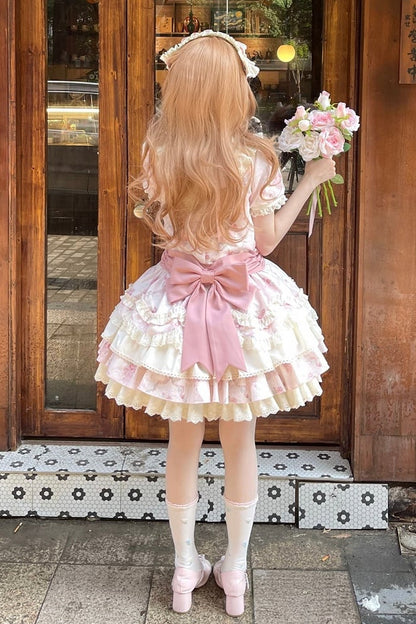 [Reservierungsschluss 7. September] Pink-blaues süßes Lolita-Stufenkleid mit romantischem Rosenprint