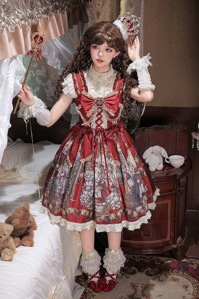 [Date limite de précommande : 7 août] Ensemble complet robe JKS vintage rouge à imprimé lapin histoire avec ruban antique + chemise à volants + manchettes lacées
