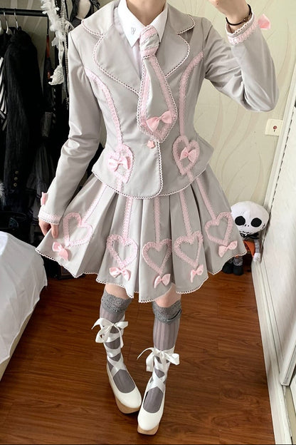 [Pre-order Deadline: June 28] Pink/Gray Vintage Lolita Heart Ribbon Tailored Jacket + Skirt + Tie