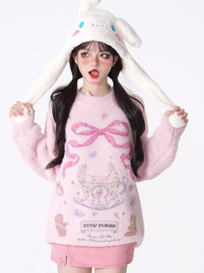 Ribbon Print Teacup Bunny Knit