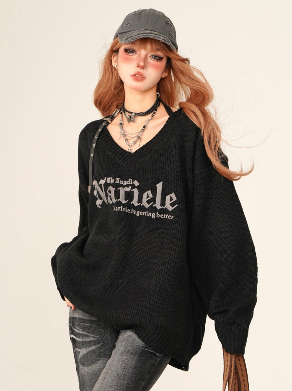 Lazy Style Letter V-Neck Loose Knit [Reserved Item