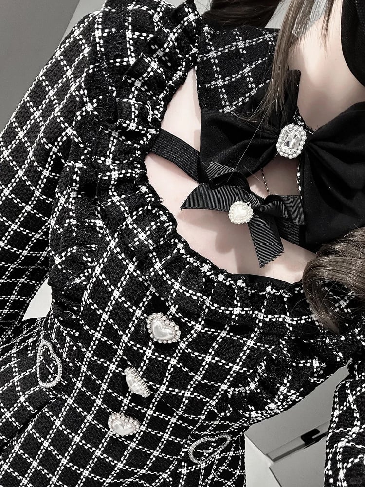 【12月18日予約締切】ジュエルリボンカラーレースチェックホワイトブラックドレスセットアップ