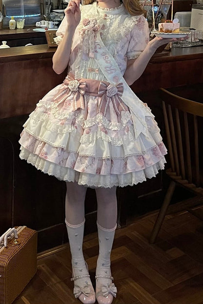 [Reservierungsschluss 7. September] Pink-blaues süßes Lolita-Stufenkleid mit romantischem Rosenprint