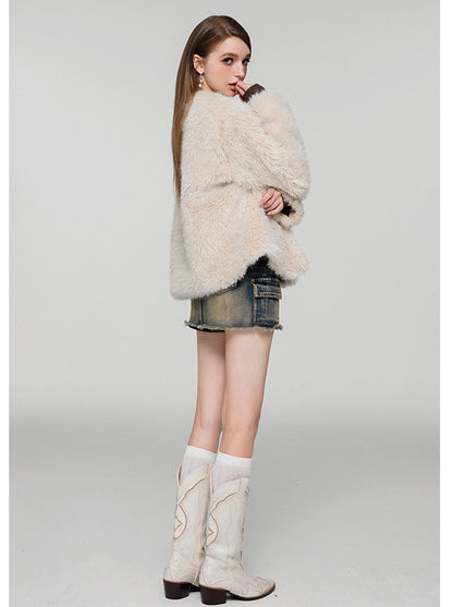 High-end collarless fur jacket