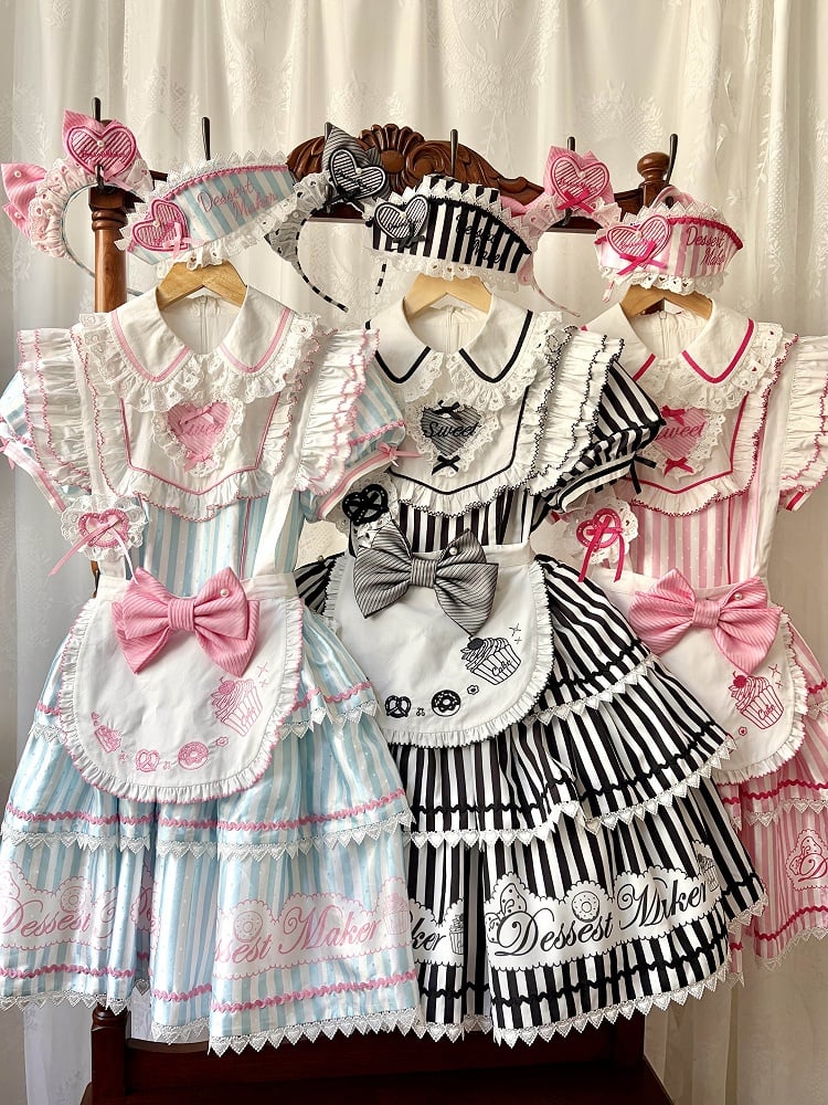 【6月18日予約締切】ピンク/ ブルー/ブラックスイートメイドロリータキャンディストライプシリーズアクセサリー（ナースハット・カチューシャ・エプロン・ヘアクリップ・リストカフス）