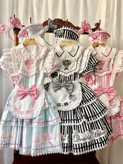 【6月18日予約締切】ピンク/ ブルー/ブラックスイートメイドロリータキャンディストライプシリーズアクセサリー（ナースハット・カチューシャ・エプロン・ヘアクリップ・リストカフス）