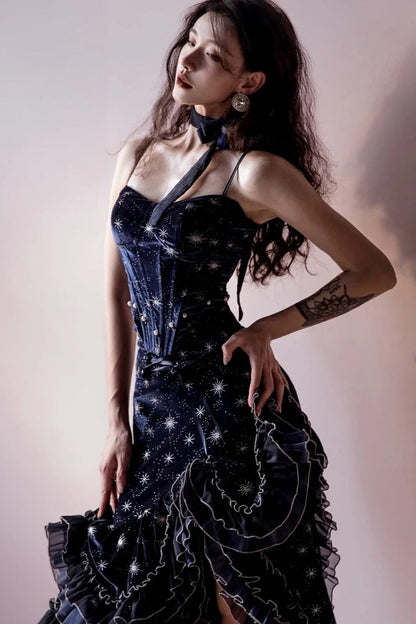 [Reservierungsschluss 1. Juni] Dunkelblau/rosa Atlantis Dark-Fantasy-Lolita-Sternenperlen-Bustierkorsett + prächtiger Rüschen-Meerjungfrauenrock