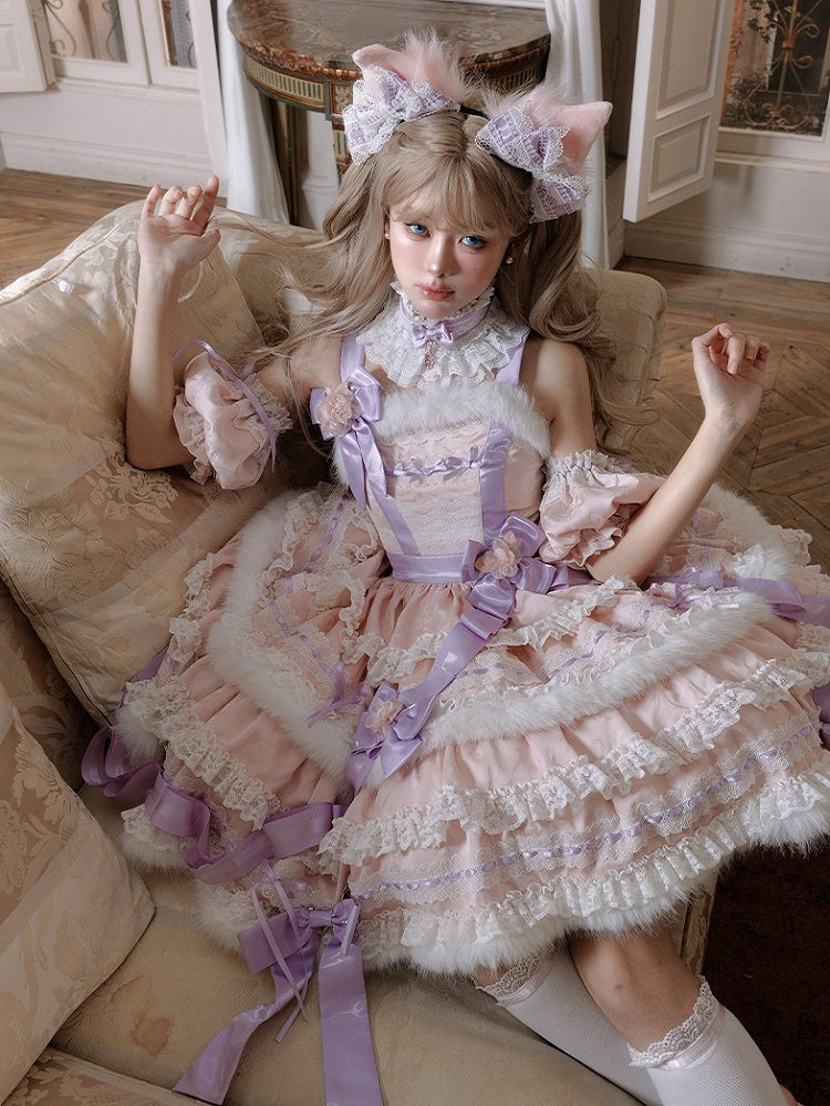 【12月26日予約締切】キャットファンタジーピンクパープルファーリボンティアードドレス＋猫耳ヘッドKC＋レースチョーカー