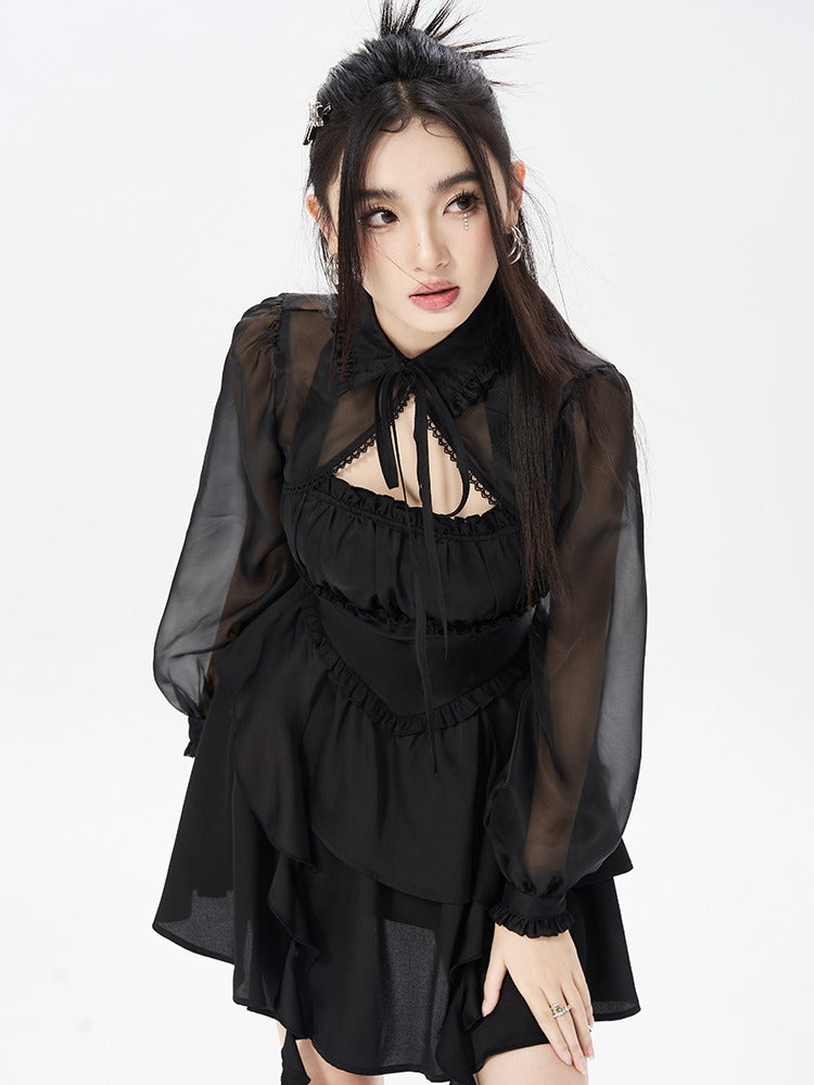 Sheer Lantern Sleeve Black Chiffon Short Jacket