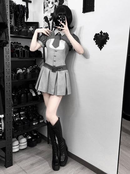 【4月15日予約締切】グレーピンストライプタイカラーショートジャケットドレスフルセット＋ジュエルキャスケット