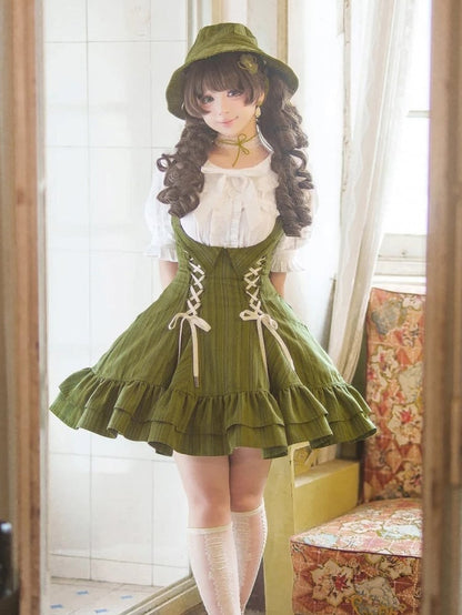 【12月29日予約締切】ゴシックロリータダークカラーストライプバッククロスフリルサスドレス