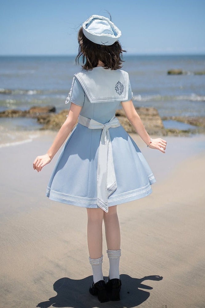 【10月1日予約締切】Blue/White Sailor Collar Bird Embroidery Lolita Bow Dress