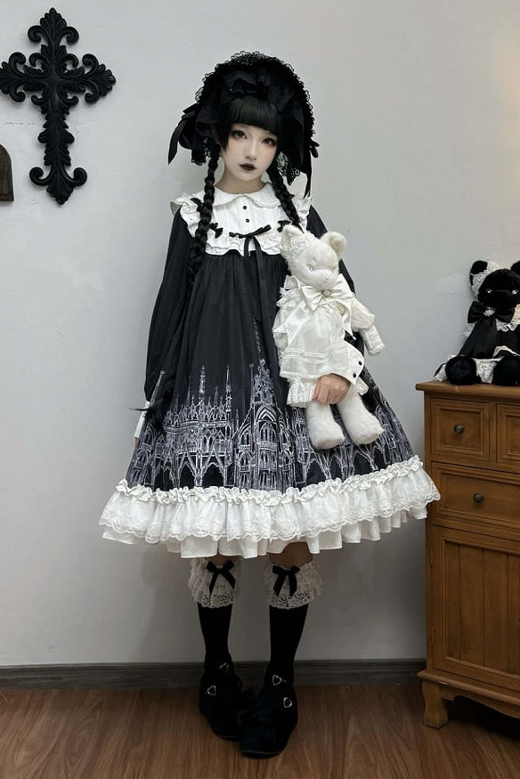 【10月13日予約締切】Gothic Lolita Black White Cathedral Series Accessories(Flat Hat, Crown Mini Hat, Sash, Back Ribbon Train, Waist Apron, Castle Flower Brooch, Brooch, Jabot)