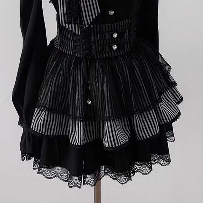 【12月6日予約締切】ブラックアンドストライプロングスリーブサストップス＋リボンケーキスカート＋チョーカー