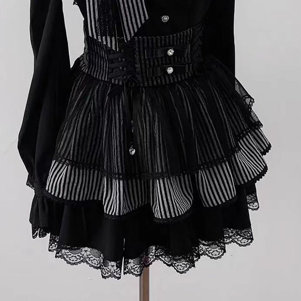 【12月8日予約締切】ブラックアンドストライプロングスリーブサストップス＋リボンケーキスカート＋チョーカー
