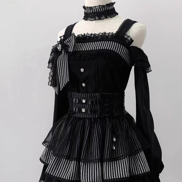 【12月8日予約締切】ブラックアンドストライプロングスリーブサストップス＋リボンケーキスカート＋チョーカー